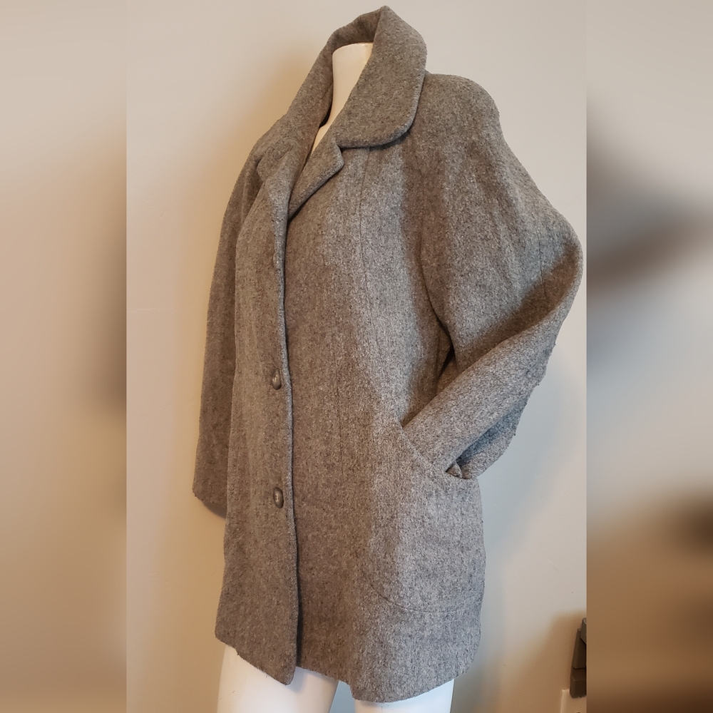 Vintage Herman Kay Petite Light Grey 70% Wool Winter Jacket Size 10P Button Up